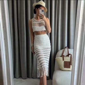 ❗️Last❗️Zara 2 Piece Cream crochet Fringe Top & Fringe Midi Skirt  Set Size M
